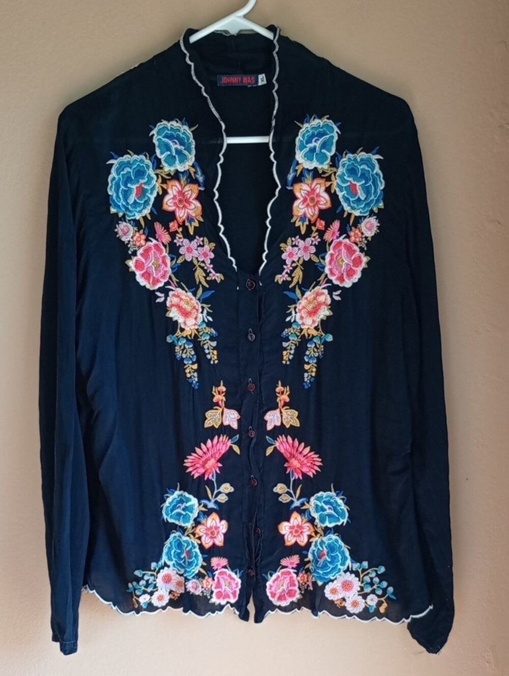 Johnny Was Embroidery Floral Long Sleeve Button Up Sheer Blouse Size XL